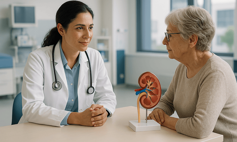 Doctor consulting with elderly patient about kidney health and treatment options.