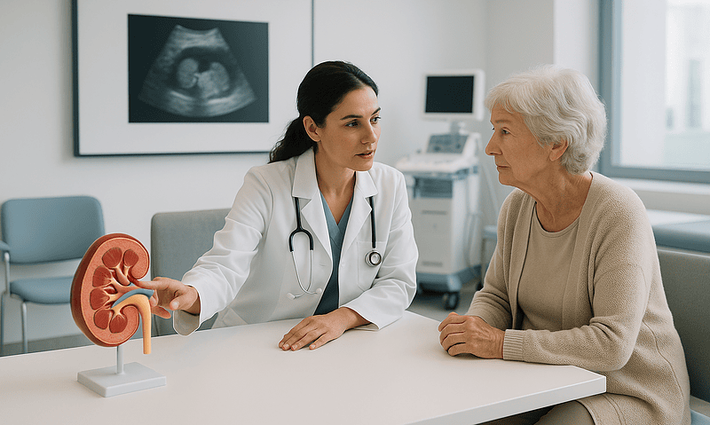 Doctor explaining kidney health to elderly patient in a medical consultation.