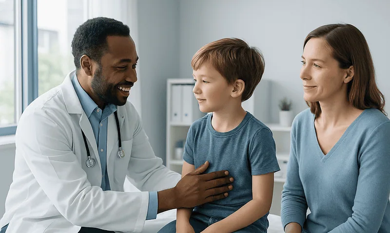 Pediatric doctor examining a young boy with his mother in a clinic setting.