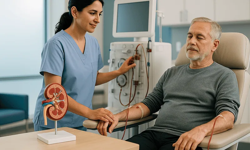 Nephrology nurse checks patient's vital signs during dialysis treatment at Acibadem Hospital.