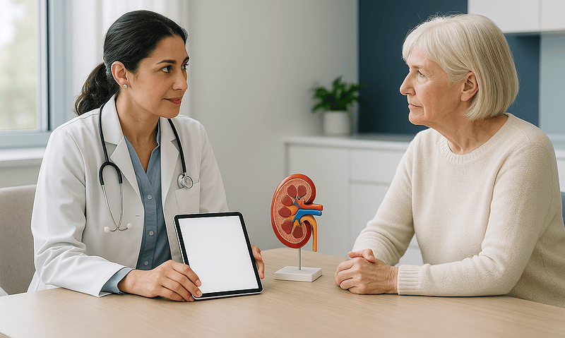 Doctor explaining renal ultrasound to elderly woman in clinic.