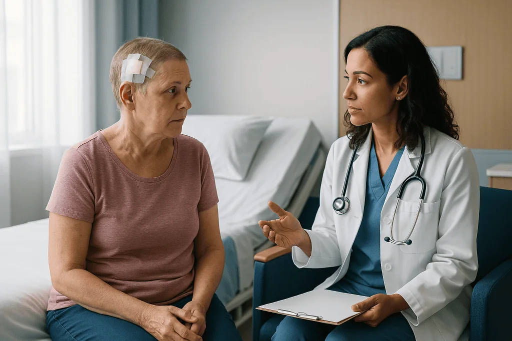 Doctor consulting with patient in clinical setting: Repeat surgery when a brain tumor comes back