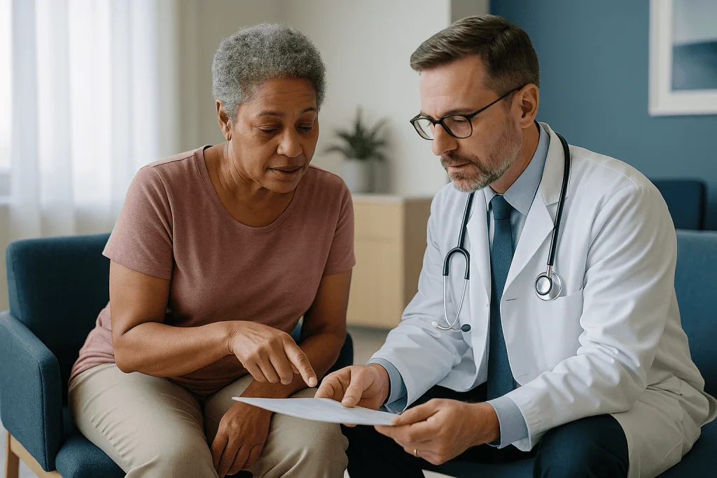 Doctor reviewing medical document with adult patient: Replacement, revision or repair: what do the three words mean?