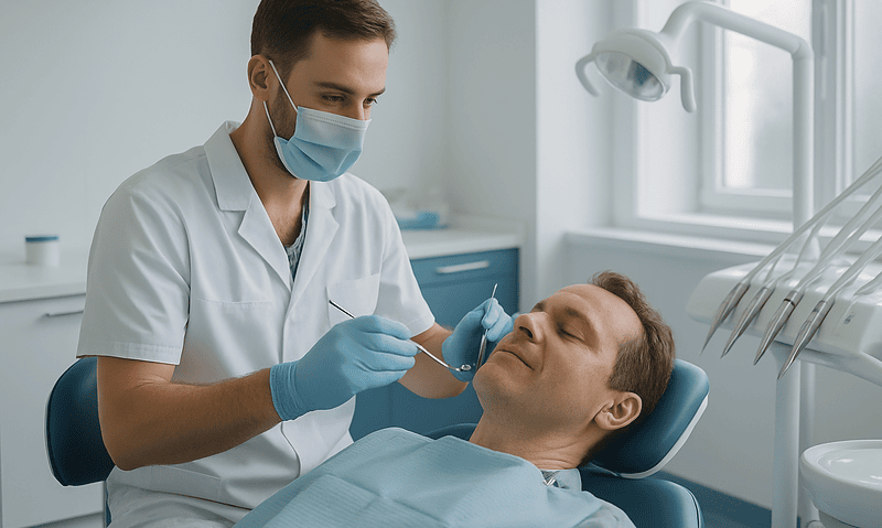 Dentist examining patient's teeth in a modern dental clinic.