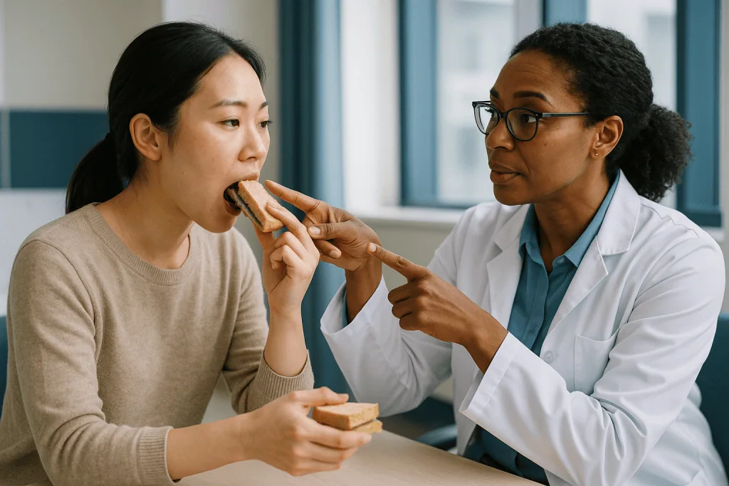 Doctor showing patient sandwich, nutritional counseling: Repositioning: how far the bone moves and what limits it