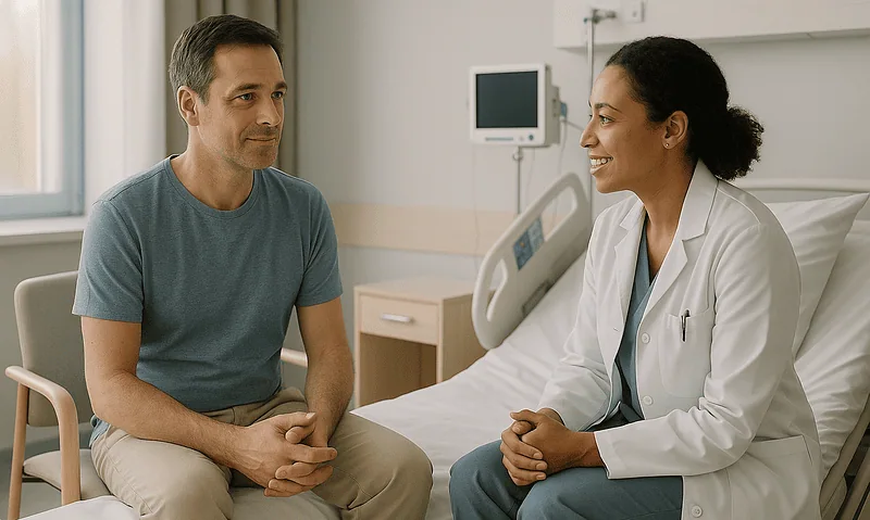 Male patient and female healthcare professional in hospital room.
