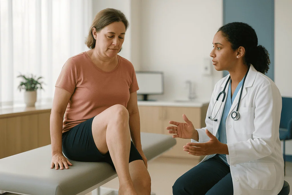 Female patient consulting with female physician in clinical setting: Residual laxity after a thigh lift: why does skin loose