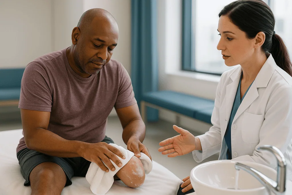Healthcare provider examining patient's prosthetic limb and residual limb: Residual limb skin care: washing and drying witho