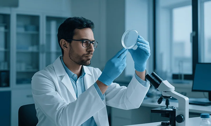 Scientist examining a petri dish in a laboratory setting.