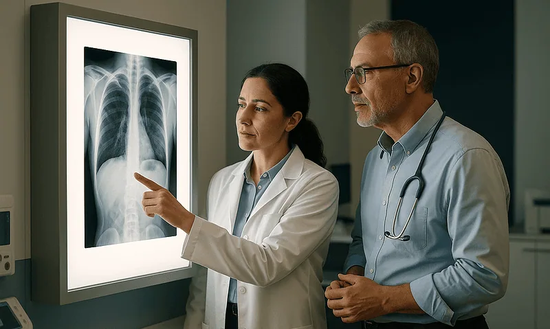 Doctor and patient reviewing chest X-ray in hospital setting.