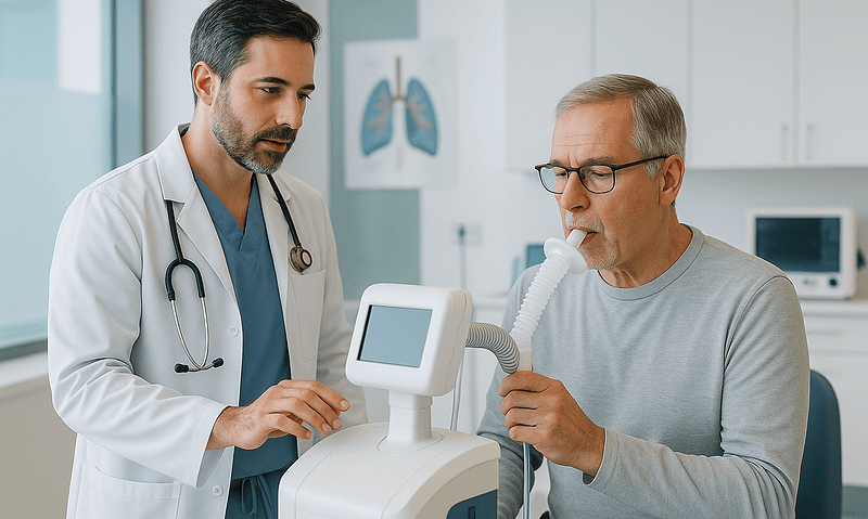 Doctor performing respiratory test on patient in hospital setting.