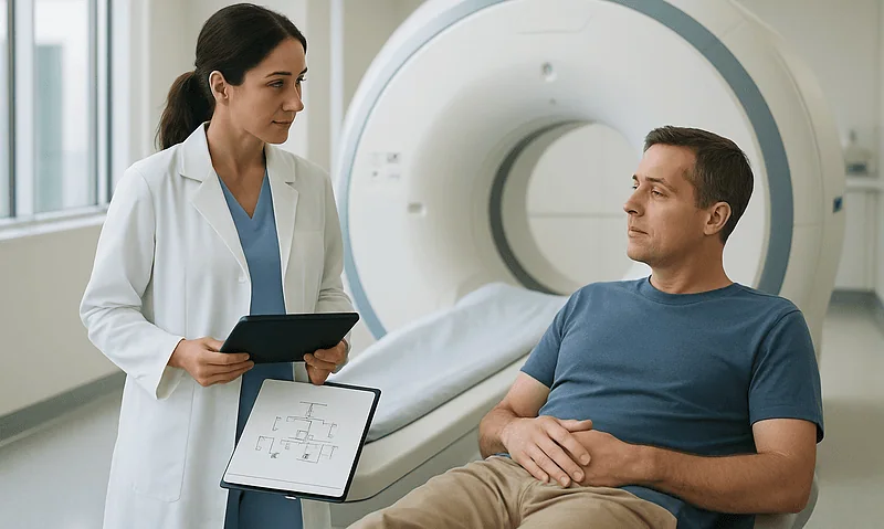 Doctor consulting with male patient in MRI room at Acibadem Hospital.