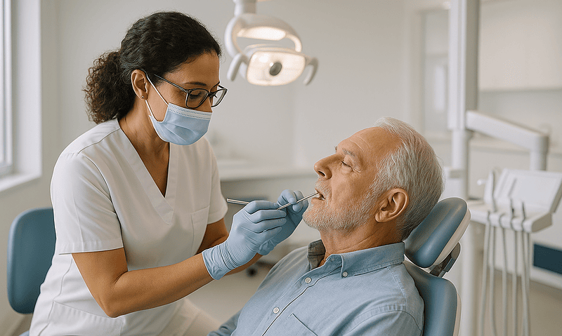Dentist performing restorative dental treatment on elderly patient in clinic.