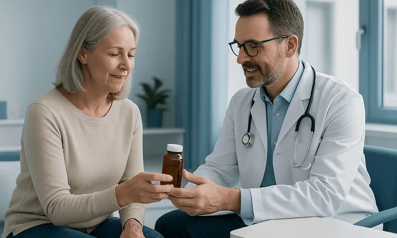 Doctor handing medication to an elderly woman in a clinical setting.