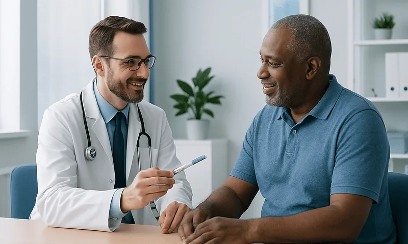 Doctor consulting with patient at hospital.