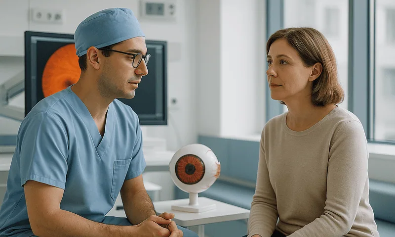 Ophthalmologist consulting with a patient about retina health in a clinical setting.