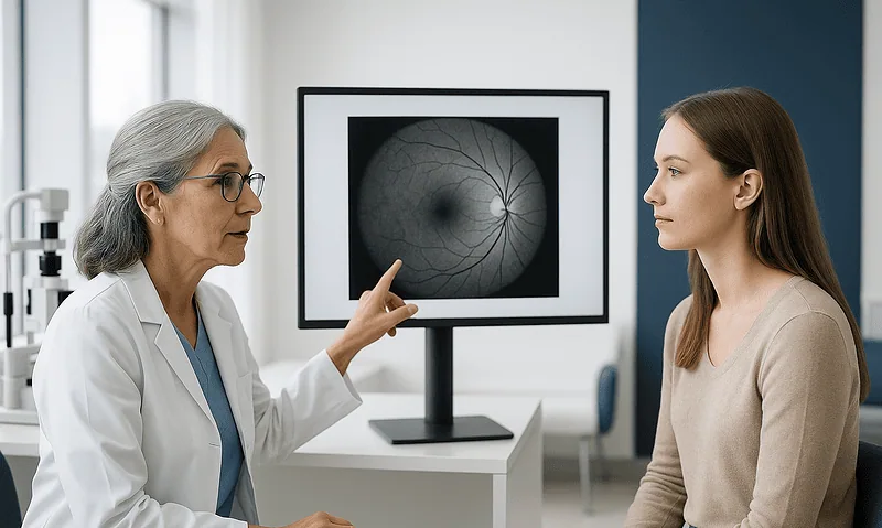Ophthalmologist explains retinal scan to patient in clinic.