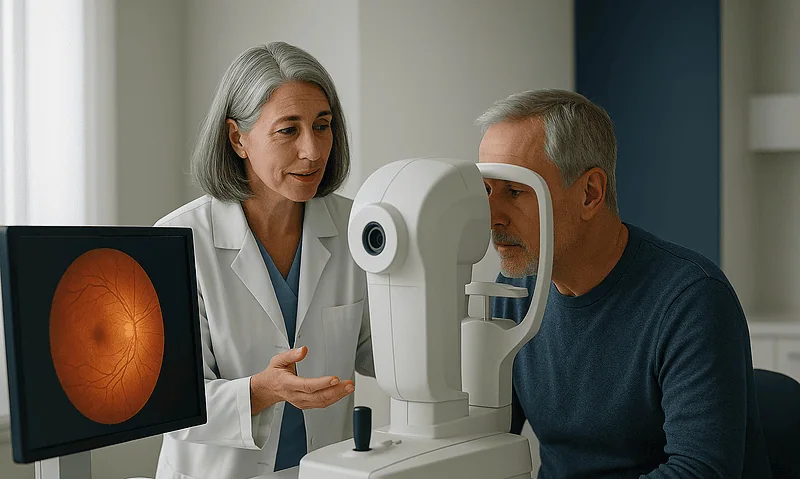Ophthalmologist performing retinal examination on a patient at Acibadem Hospitals.