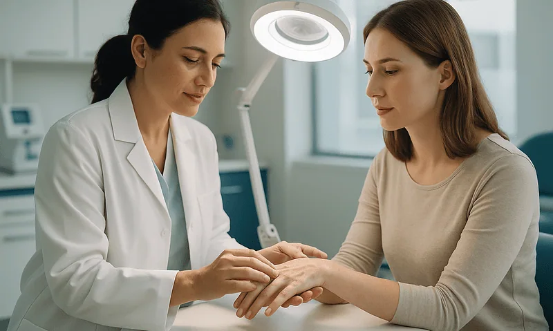 Doctor examining patient's hand in a medical consultation at Acibadem Hospital.