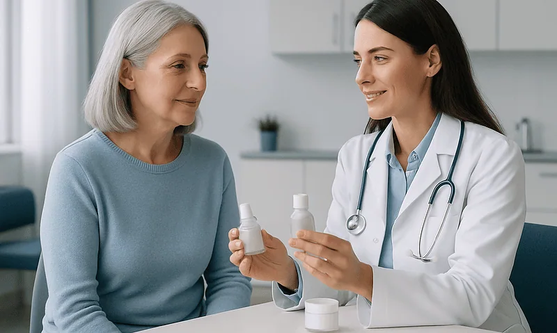 Retinol vs Tretinoin: Strength, Evidence and Who Needs a Prescription 3 Doctor explaining skincare products to an elderly woman in a clinic setting.