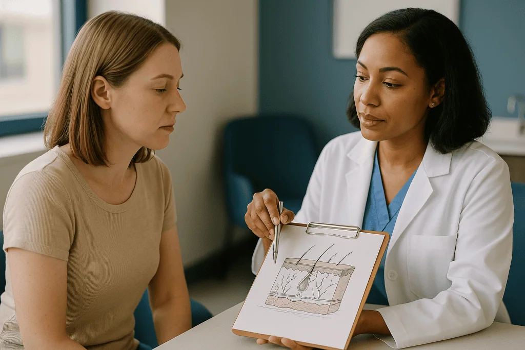 Doctor showing skin diagram to patient in consultation — Retinol vs tretinoin: what is actually different inside the skin?