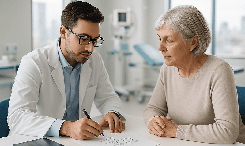 Doctor consulting with elderly woman in a medical office setting.