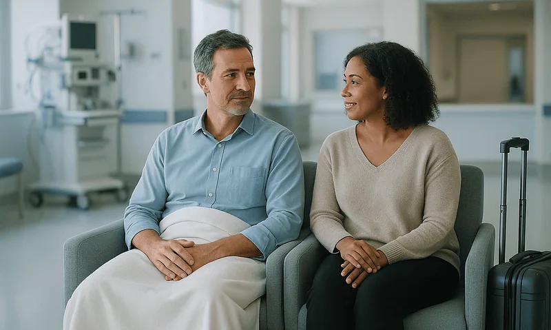 Patient and healthcare professional having a discussion in hospital.