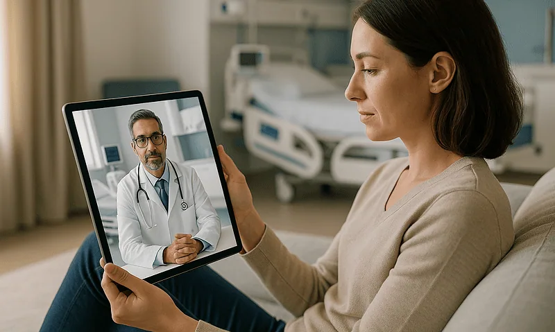 Woman consulting with doctor via tablet after treatment in Turkey.
