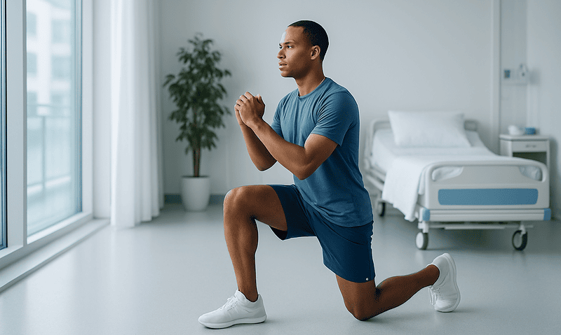 Man performing lunges in a hospital room for rehabilitation.