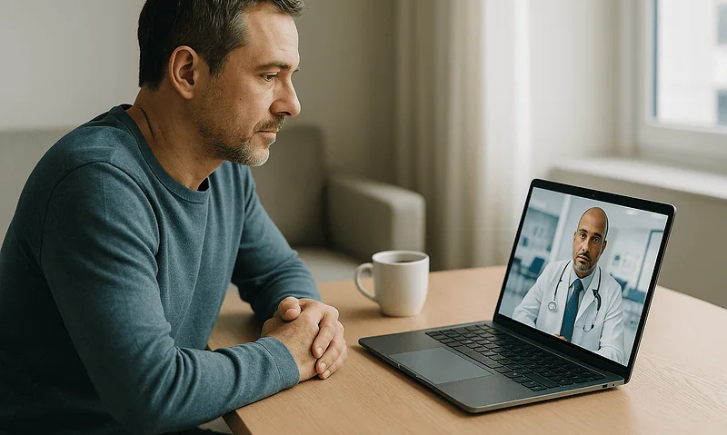 Man consulting with doctor via video call after treatment in Turkey.