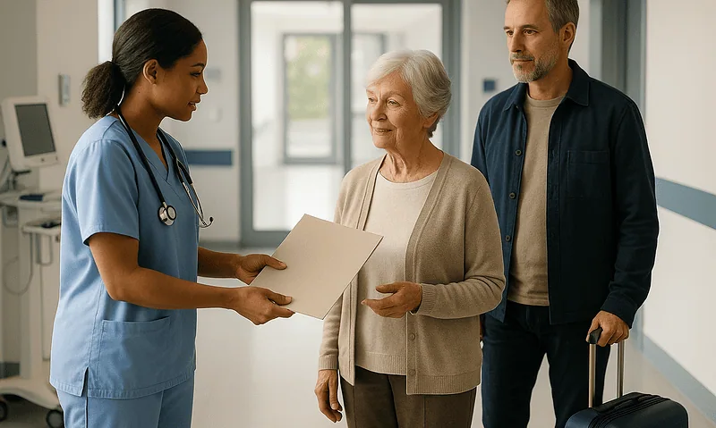 Healthcare professional discussing with elderly patient in hospital corridor.