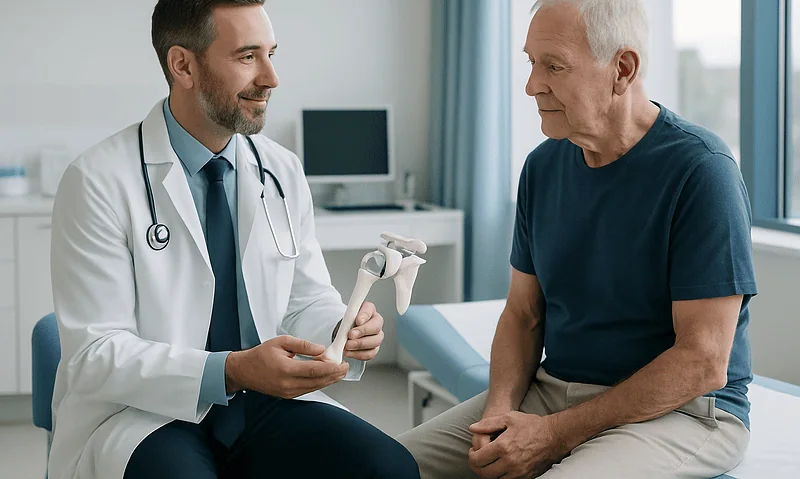 Orthopedic doctor explaining reverse shoulder replacement to patient in clinic.