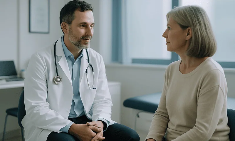 Doctor consulting with a female patient in a medical office.