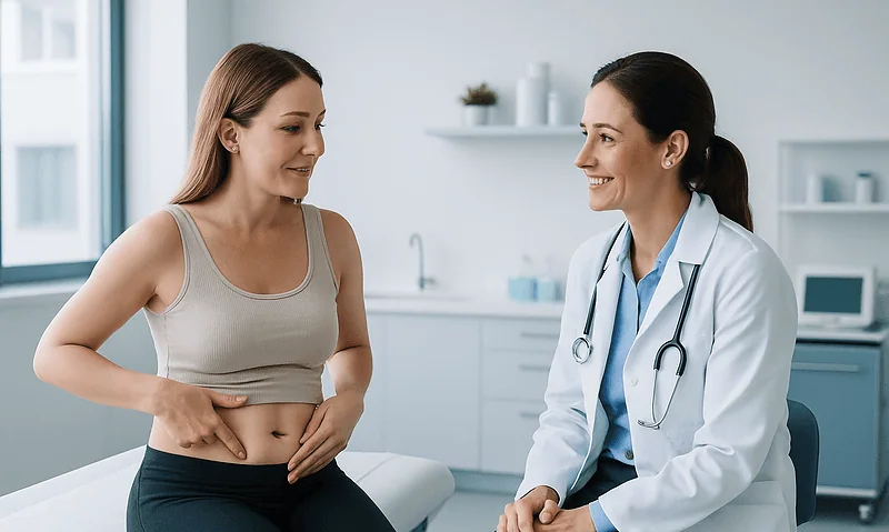 Patient consulting with doctor about tummy tuck options in clinic setting.