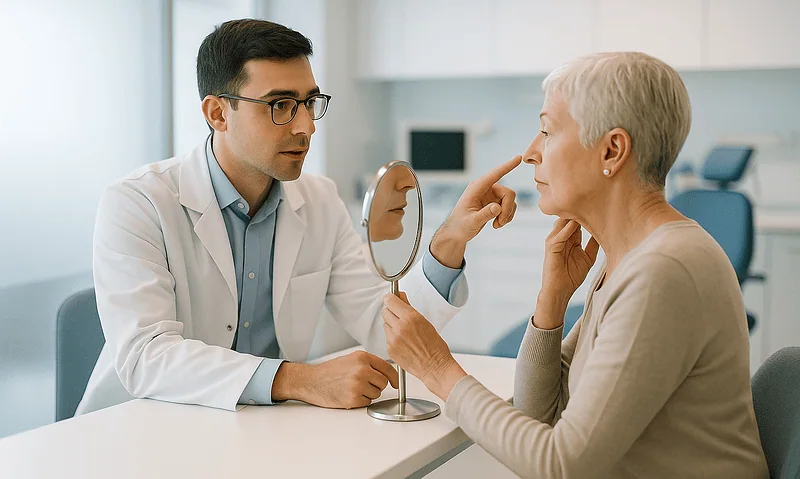 Doctor consulting with elderly woman about revision rhinoplasty in clinic.