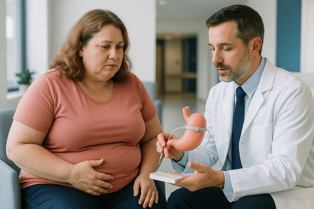 Doctor consulting with obese patient about stomach model — Revision surgery after lap band: why the band leads the list