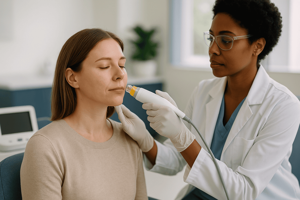 Doctor performing diagnostic procedure on patient's neck — RF microneedling vs microneedling: what the added heat changes for