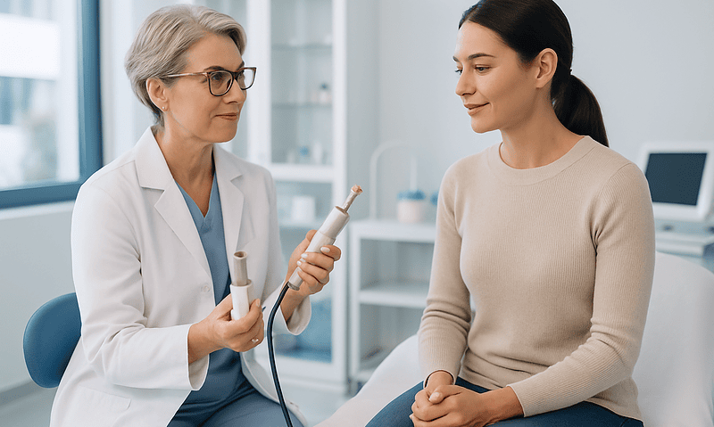 Doctor explaining RF microneedling procedure to patient in clinic.