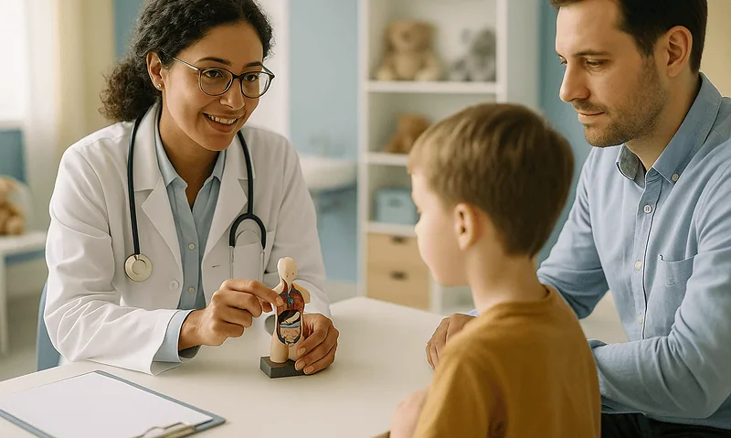 Pediatric doctor explaining anatomy to young patient and parent in clinic.
