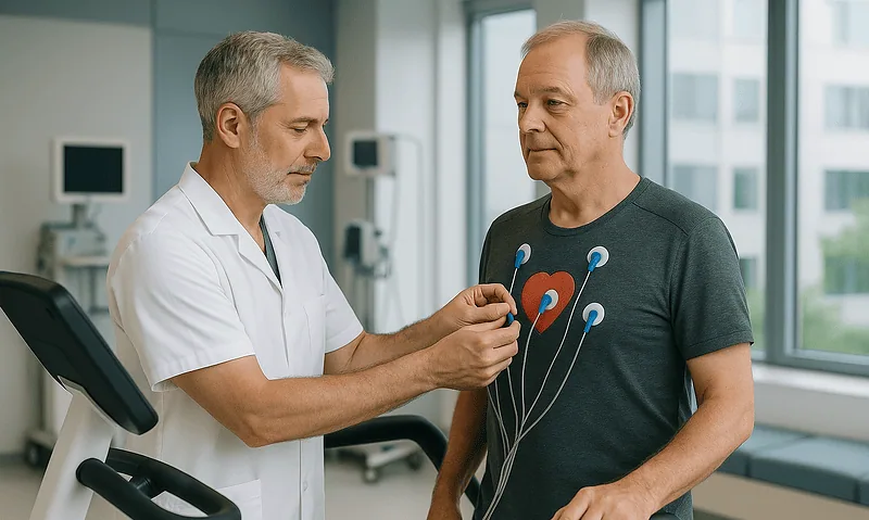 Doctor performing an ECG test on a patient in a hospital setting.