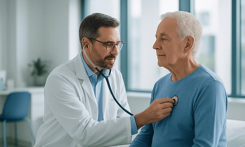 Doctor examining elderly patient with stethoscope in clinic.