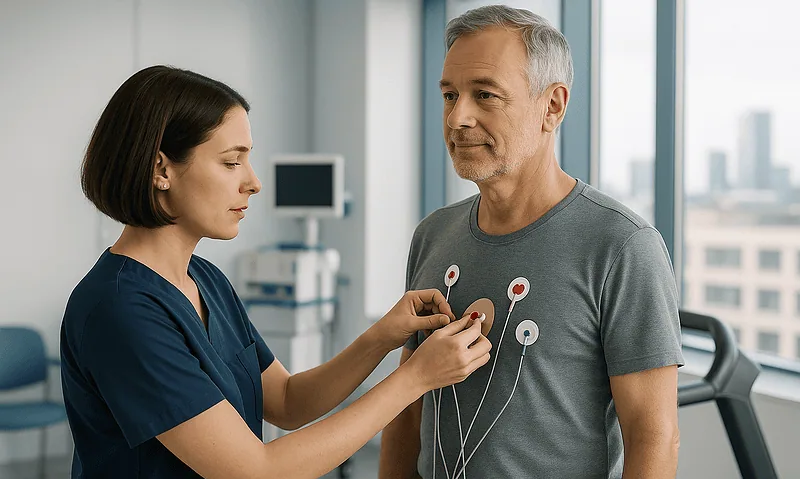 Doctor attaching ECG electrodes to a male patient in a hospital setting.