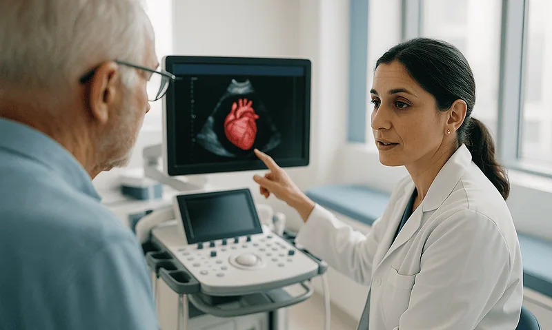 Cardiologist explains heart ultrasound to patient in a hospital setting.