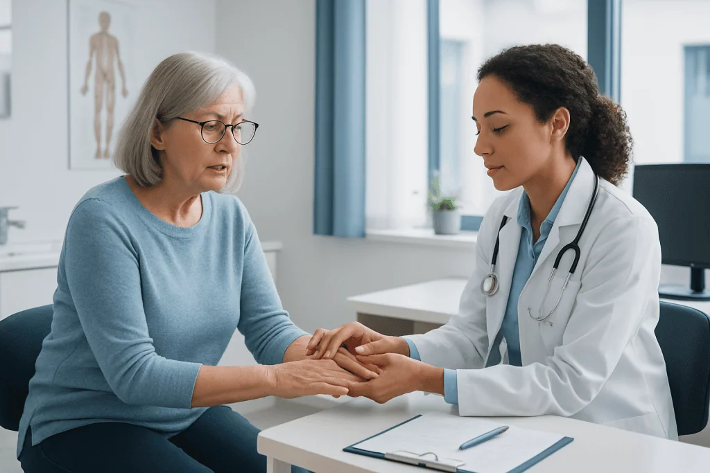 Rheumatoid Arthritis 1 Doctor examining elderly woman's hand for rheumatoid arthritis symptoms.