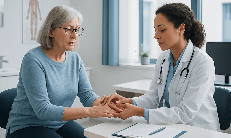Doctor examining elderly woman's hand for rheumatoid arthritis symptoms.