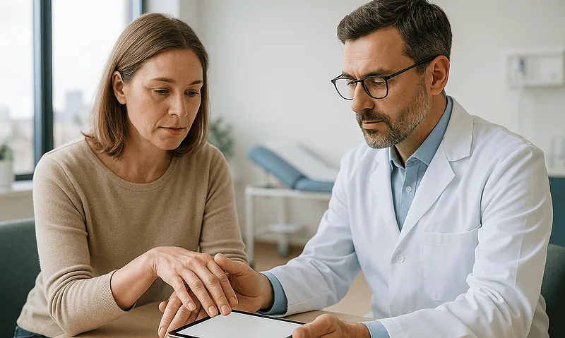 Doctor consulting with a patient about rheumatoid arthritis treatment options.