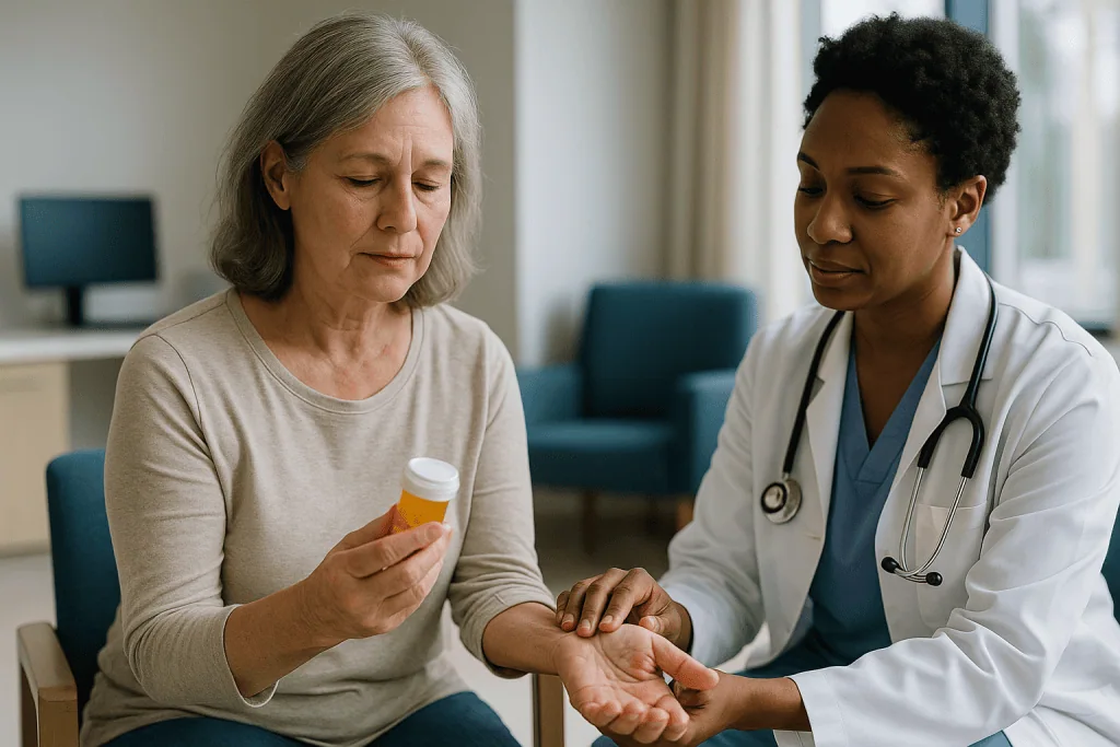 Doctor examining patient's hand during medical consultation: Rheumatoid arthritis treatment: how long does it take to work?
