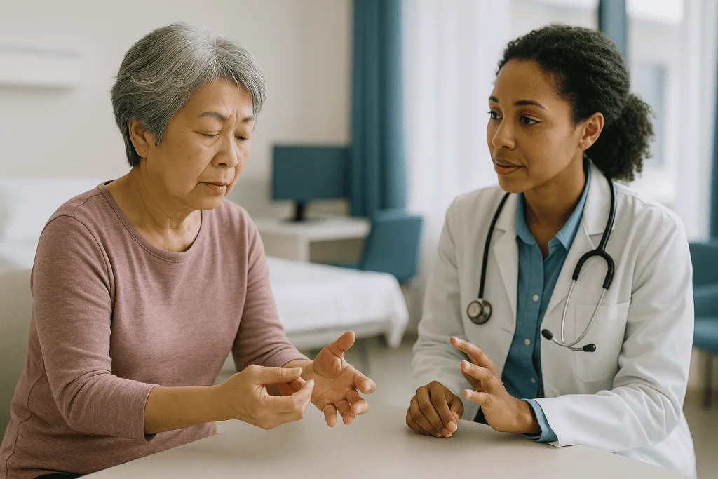 Doctor consulting senior patient about treatment options: Rheumatoid arthritis treatment options: why this ladder starts hig