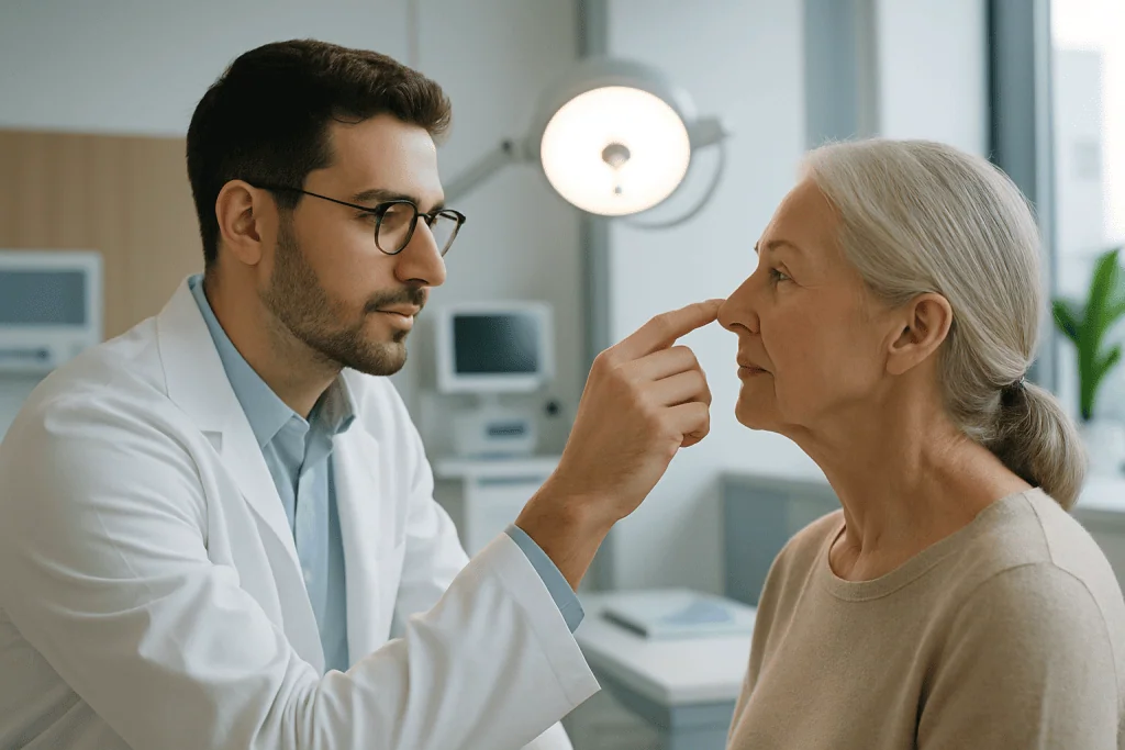 ENT specialist examining elderly woman's nose in a medical consultation room.