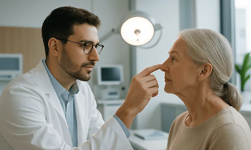 ENT specialist examining elderly woman's nose in a medical consultation room.